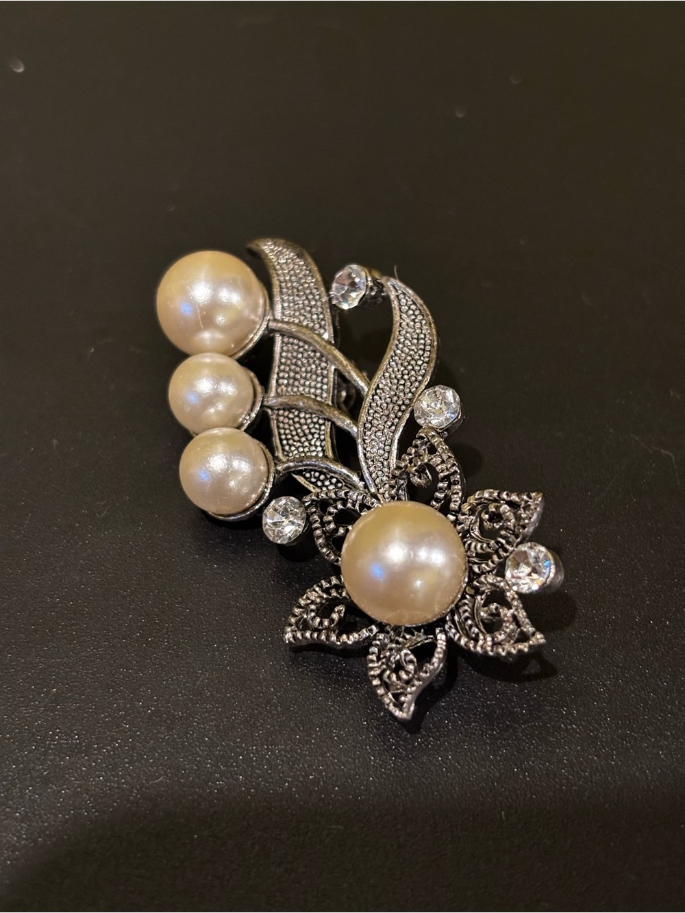 Pearl & Crystal Floral Silver-Tone Brooch